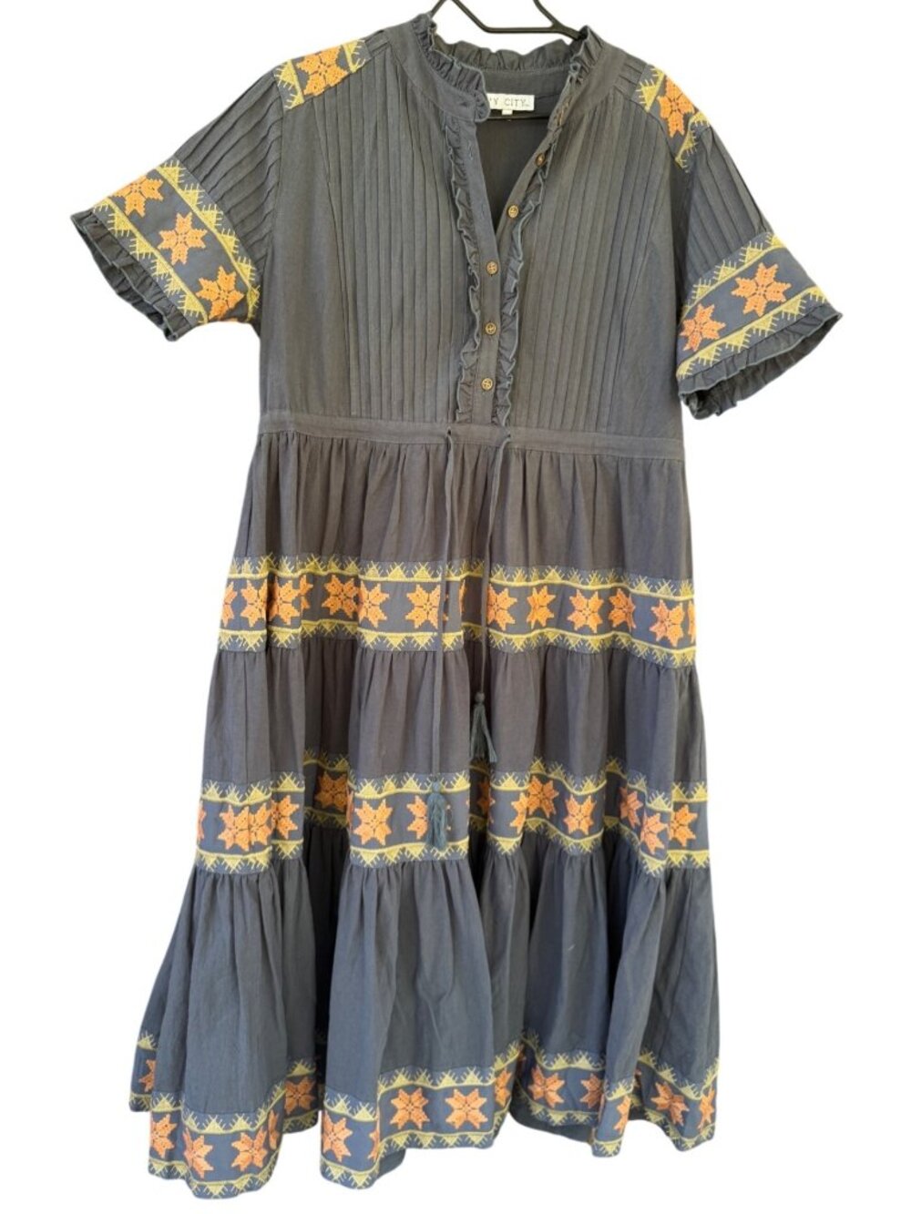 Ivy City Co. Womens XL Embroidered Tiered Midi Dress  Ruffle Trim & Button Front